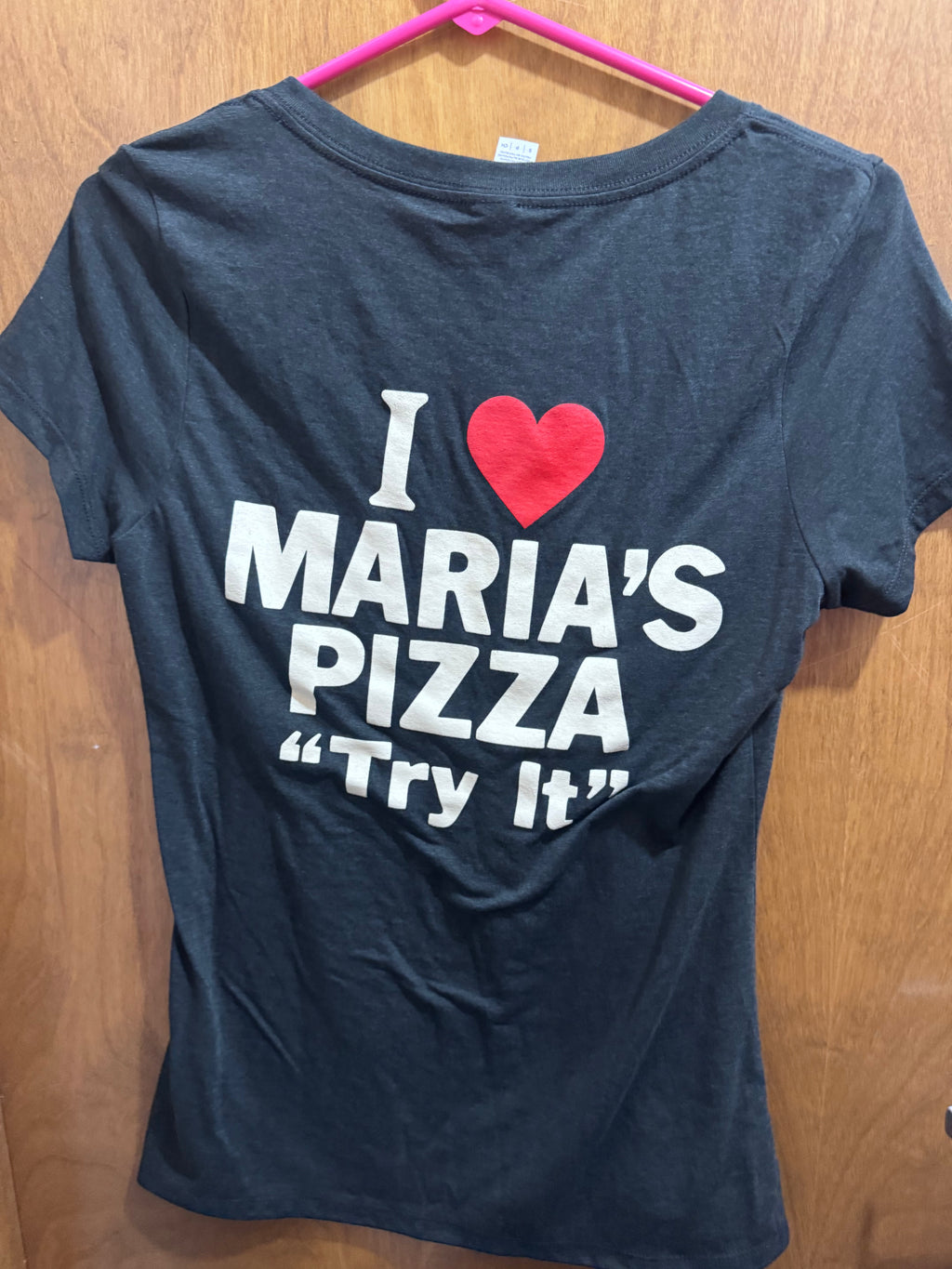 S-XL, I Love Maria’s Pizza “Try It”, Black, Ladies Vneck