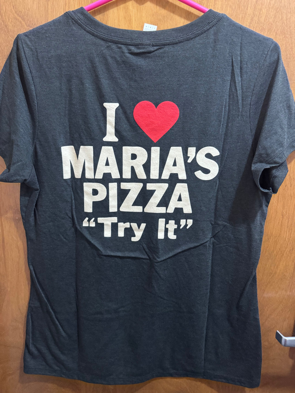 S-XL, I Love Maria’s Pizza “Try It”, Black, Ladies Vneck